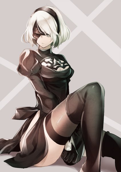 Anime picture 600x851 with nier nier:automata yorha no. 2 type b kiringo single tall image fringe short hair breasts light erotic sitting white hair mole puffy sleeves side slit mole under mouth between legs blindfold girl thighhighs