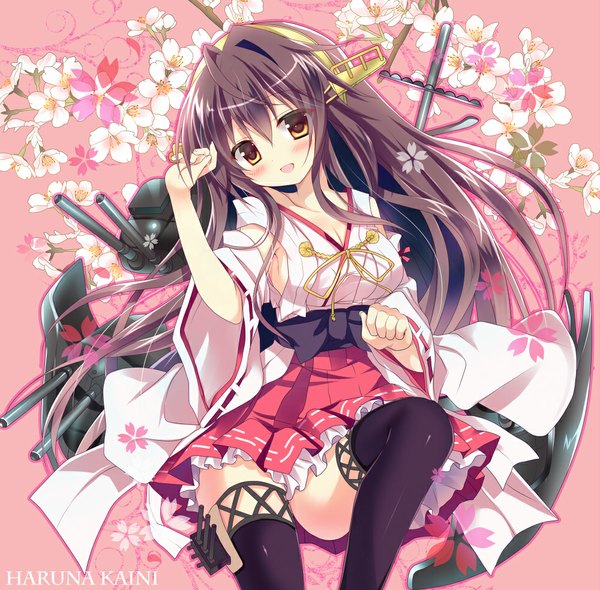 Anime picture 1000x984 with kantai collection haruna battleship azumi kazuki single long hair looking at viewer blush open mouth black hair yellow eyes nontraditional miko girl thighhighs hair ornament flower (flowers) black thighhighs detached sleeves