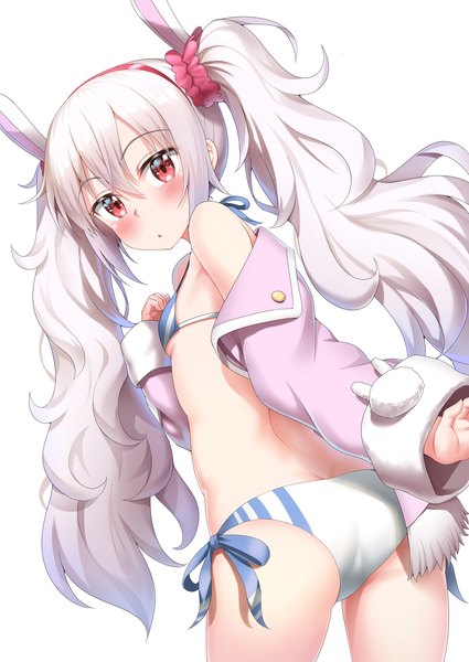 Anime picture 2507x3541 with azur lane laffey (azur lane) nedia (nedia region) single long hair tall image looking at viewer blush fringe highres light erotic simple background hair between eyes white background twintails animal ears white hair red hair parted lips looking back