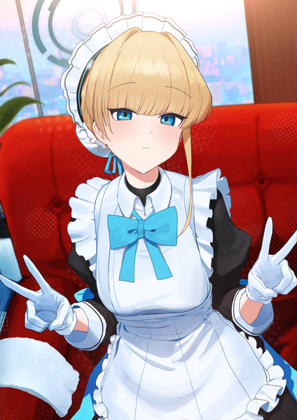 Anime picture 2894x4093 with blue archive toki (blue archive) zanya 000 single tall image looking at viewer blush fringe highres short hair blue eyes blonde hair sitting long sleeves maid hair bun (hair buns) puffy sleeves victory expressionless girl