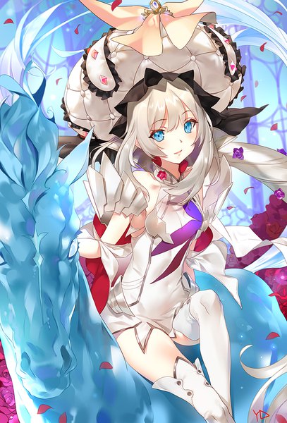 Anime picture 700x1032 with fate (series) fate/grand order marie antoinette (fate/grand order) yd (orange maru) single long hair tall image looking at viewer blush fringe blue eyes smile sitting bare shoulders signed silver hair bent knee (knees) parted lips covered navel girl