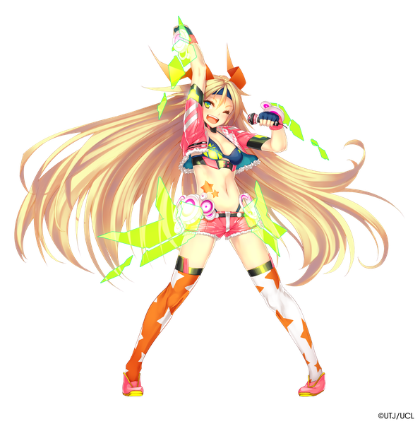 Anime picture 1905x1920 with vocaloid unity (game engine) ootori kohaku ntny single tall image looking at viewer highres open mouth light erotic blonde hair standing holding green eyes payot full body very long hair one eye closed arm up wink