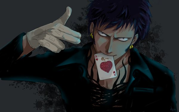 Anime picture 2560x1600 with one piece toei animation trafalgar law rej11 single looking at viewer highres short hair black hair simple background holding payot tattoo piercing mouth hold black background ear piercing serious clothes writing boy