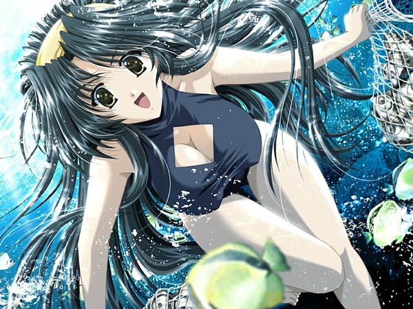 Anime picture 1024x768 with sky (game) irie ran akira (usausa) single long hair breasts light erotic black hair large breasts yellow eyes game cg running girl swimsuit hairband