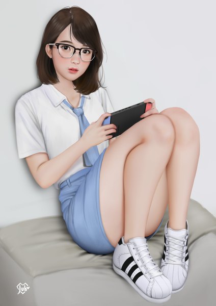 Anime picture 2480x3508 with nintendo real life ditta amelia saraswati jubi (regiana) single tall image looking at viewer highres short hair light erotic brown hair sitting brown eyes bent knee (knees) parted lips realistic grey background mole short sleeves lipstick