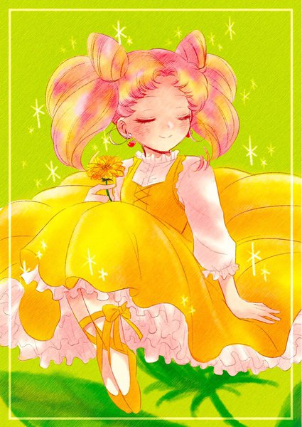 Anime picture 804x1136 with bishoujo senshi sailor moon toei animation chibiusa hana (haruharu-michimichi83) single long hair tall image blush sitting twintails holding pink hair bent knee (knees) eyes closed light smile hair bun (hair buns) turning head lacing green background girl