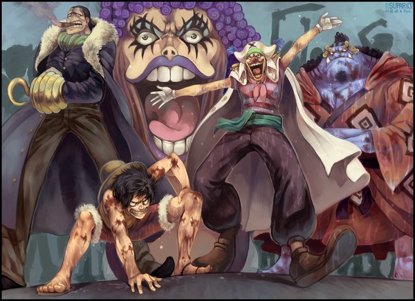Anime picture 1178x857 with one piece toei animation monkey d. luffy sir crocodile buggy the clown jimbei emporio ivankov supario short hair open mouth black hair smile signed purple hair teeth fang (fangs) lipstick scar smoke group