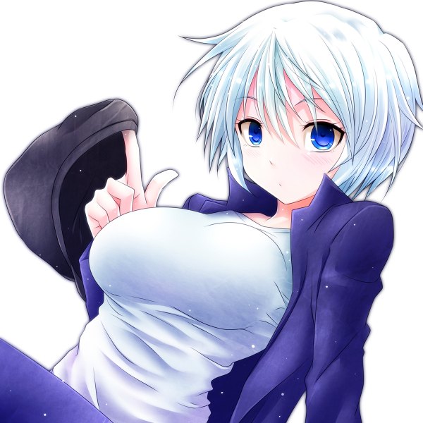 Anime picture 1200x1200 with original watarui single looking at viewer blush short hair breasts blue eyes light erotic simple background large breasts white background white hair open clothes open jacket girl flat cap