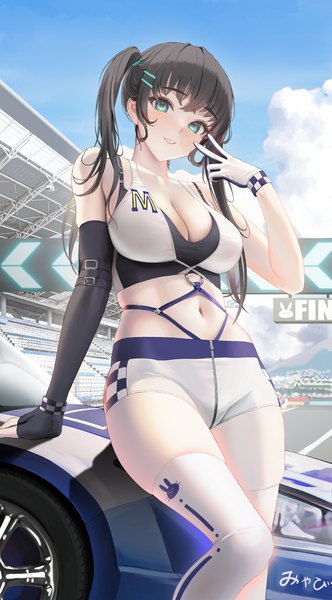 Anime picture 1953x3526 with original tokkihouse single long hair tall image looking at viewer highres breasts blue eyes light erotic black hair smile large breasts standing twintails bare shoulders payot sky cleavage cloud (clouds)