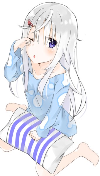 Anime picture 894x1569 with original hashiko no woto single long hair tall image looking at viewer blush fringe simple background smile hair between eyes white background sitting purple eyes bare shoulders silver hair full body ahoge one eye closed barefoot