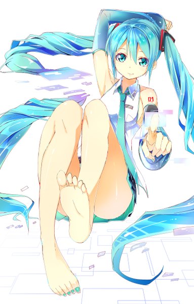 Anime picture 1560x2439 with vocaloid hatsune miku byte (allbyte) single tall image looking at viewer fringe breasts smile sitting twintails very long hair nail polish barefoot aqua eyes aqua hair bare legs armpit (armpits) tattoo legs