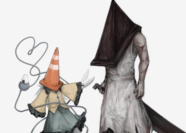 Anime picture 2048x1463 with silent hill touhou komeiji koishi pyramid head reverinth long hair highres simple background standing white background holding long sleeves green hair wide sleeves frilly skirt crossover bloody clothes heart of string girl boy