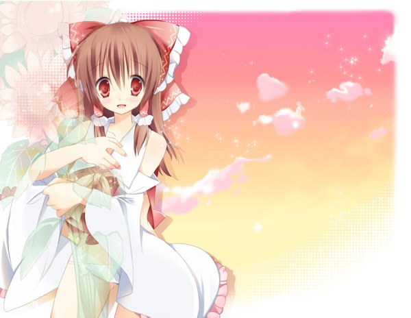 Anime picture 1400x1083 with touhou hakurei reimu single long hair blush red eyes brown hair bare shoulders cloud (clouds) girl bow hair bow detached sleeves