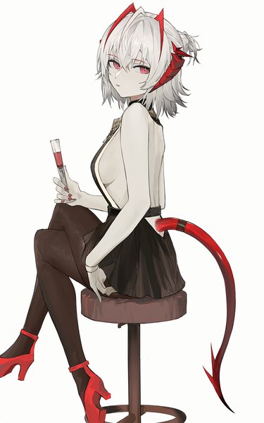 Anime picture 1034x1653 with arknights w (arknights) koio single tall image fringe short hair breasts light erotic simple background hair between eyes red eyes white background sitting silver hair tail horn (horns) no bra high heels crossed legs