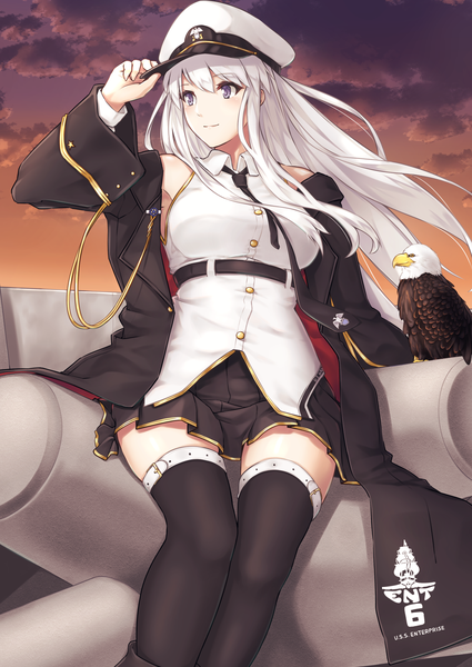 Anime picture 1505x2125 with azur lane enterprise (azur lane) enchuu single long hair tall image blush fringe breasts hair between eyes large breasts sitting purple eyes bare shoulders looking away sky cloud (clouds) outdoors white hair long sleeves