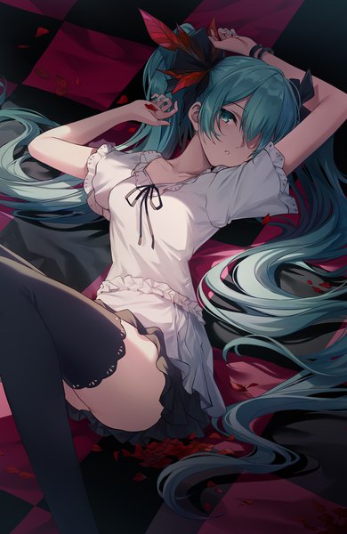 Anime picture 1000x1539 with vocaloid world is mine (vocaloid) hatsune miku zhong chai single tall image fringe light erotic twintails lying very long hair aqua eyes from above hair over one eye aqua hair on back checkered floor floor checkered girl