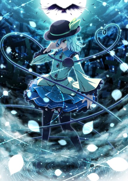 Anime picture 1748x2480 with touhou komeiji koishi akashio (loli ace) tall image fringe highres short hair green eyes blue hair hair over one eye heart of string girl thighhighs skirt hat miniskirt animal petals heart bird (birds)