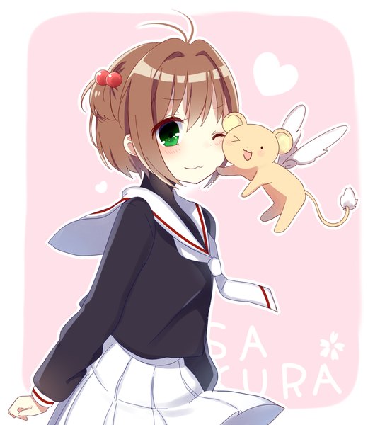 Anime picture 1020x1140 with card captor sakura clamp kinomoto sakura kero (cardcaptor sakura) mafuyu (chibi21) tall image looking at viewer blush short hair brown hair green eyes ahoge one eye closed wink two side up character names pink background cheek-to-cheek girl uniform