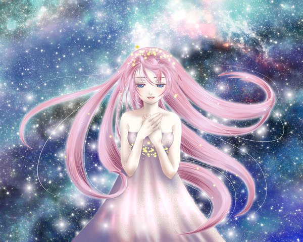 Anime picture 2000x1600 with vocaloid megurine luka single long hair highres blue eyes bare shoulders pink hair night night sky girl star (stars)