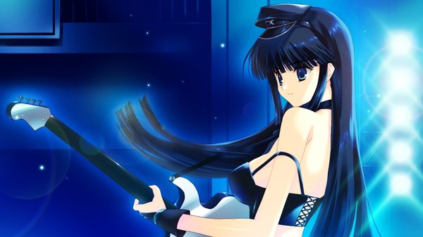 Anime picture 1600x900 with long hair black hair wide image game cg hat guitar