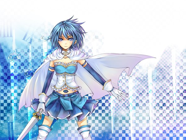 Anime picture 3515x2646 with mahou shoujo madoka magica shaft (studio) miki sayaka highres short hair blue eyes blue hair absurdres checkered background girl skirt gloves weapon detached sleeves miniskirt sword thigh boots cloak corset
