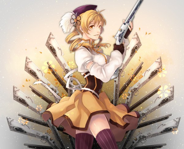 Anime picture 1800x1463 with mahou shoujo madoka magica shaft (studio) tomoe mami eno (kdex) single highres blonde hair orange eyes drill hair girl weapon petals gun rifle musket