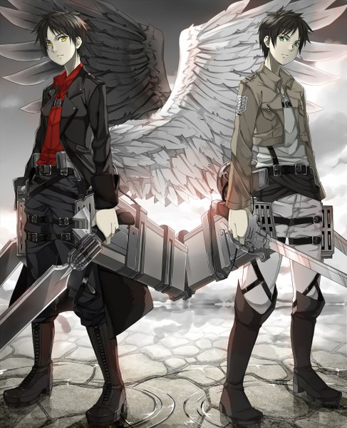 Anime picture 1000x1230 with shingeki no kyojin production i.g eren yaeger akami fumio tall image fringe short hair standing holding green eyes lacing black wings white wings dual wielding dual persona alternate color single wing weapon wings boots