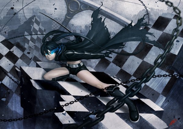 Anime picture 1920x1358 with black rock shooter black rock shooter (character) okita single long hair highres blue eyes black hair torn clothes glowing glowing eye (eyes) checkered floor checkered ruins girl weapon sword shorts chain cloak