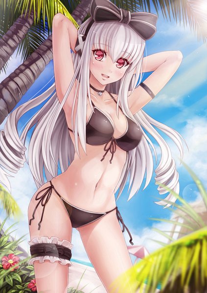 Anime picture 1350x1913 with cosmic break ivis sunimu single long hair tall image looking at viewer blush fringe breasts open mouth light erotic hair between eyes red eyes standing sky silver hair cloud (clouds) armpit (armpits) beach
