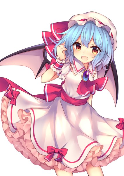 Anime picture 2507x3541 with touhou remilia scarlet ruhika single tall image looking at viewer highres short hair open mouth simple background smile red eyes white background blue hair bat wings girl dress hat wings frills