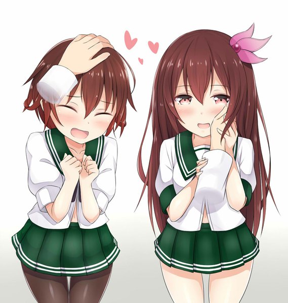 Anime picture 948x1000 with kantai collection kisaragi destroyer mutsuki destroyer chaostein long hair tall image looking at viewer blush short hair open mouth smile brown hair multiple girls eyes closed pink eyes happy ^ ^ pov hand on another's head headpat