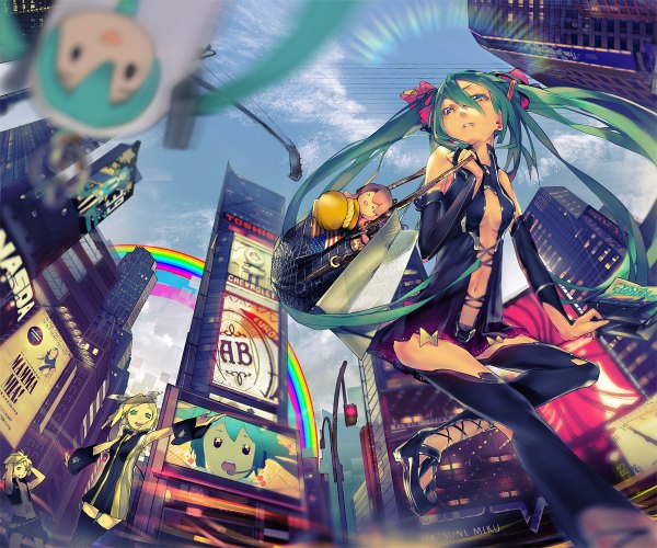 Anime picture 1200x1000 with vocaloid hatsune miku megurine luka kagamine rin kagamine len el-zheng twintails green eyes sky aqua hair city group chibi lacing girl thighhighs black thighhighs detached sleeves earrings bag