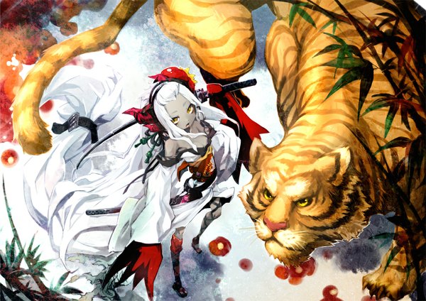 Anime picture 1000x708 with original gin (oyoyo) open mouth bare shoulders yellow eyes cleavage white hair very long hair japanese clothes girl hair ornament flower (flowers) plant (plants) animal sword katana bamboo tiger