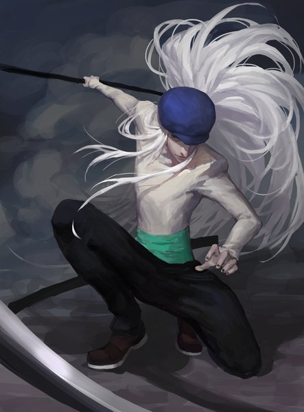 Anime picture 800x1083 with hunter x hunter kite (hunter x hunter) diaodiao single long hair tall image holding payot looking away full body bent knee (knees) white hair nail polish black eyes shadow floating hair dark background smoke squat fighting stance