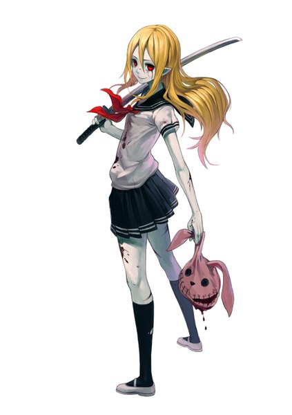 Anime picture 1000x1419 with original fkey single long hair tall image looking at viewer highres blonde hair simple background smile red eyes standing white background pleated skirt looking back pointy ears pale skin blood stains girl skirt