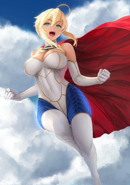 Anime picture 848x1200 with fate (series) fate/grand order dc comics artoria pendragon (all) artoria pendragon (lancer) power girl yamaneko (tkdrumsco) single tall image looking at viewer fringe short hair breasts open mouth light erotic blonde hair hair between eyes large breasts bare shoulders payot
