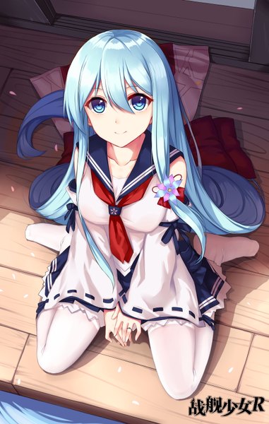 Anime picture 4133x6496 with warship girls r shirayuki (warship girls r) allenes single tall image looking at viewer highres blue eyes blue hair absurdres very long hair girl thighhighs dress detached sleeves white thighhighs sailor suit sliding doors