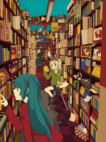 Anime picture 2000x2676 with vocaloid hatsune miku kagamine rin kagamine len 456 long hair tall image highres short hair open mouth blonde hair sitting twintails multiple girls indoors aqua eyes eating perspective girl boy