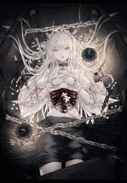 Anime-Bild 1084x1560 mit original wanke single long hair tall image looking at viewer fringe breasts light erotic hair between eyes red eyes white hair lying nail polish parted lips wide sleeves on back puffy sleeves bell collar guro