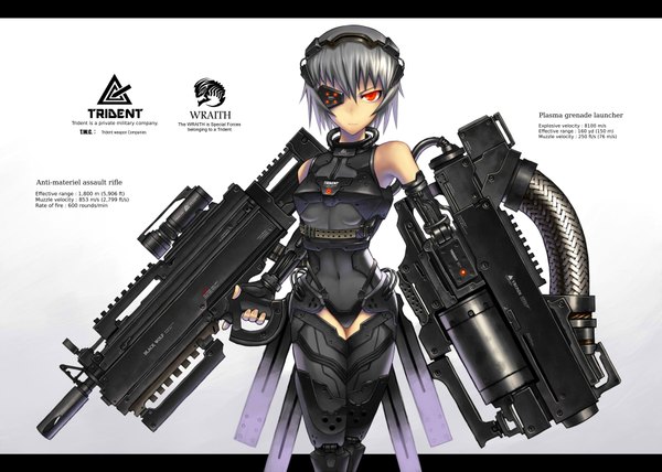 Anime picture 1800x1285 with original gia single highres short hair red eyes silver hair inscription midriff girl weapon headphones fingerless gloves gun huge weapon