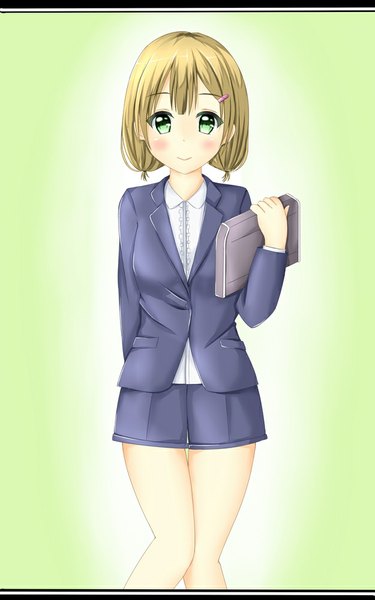 Anime picture 625x1000 with shirogane no ishi argevollen jamie hazaford tear yu single tall image looking at viewer blush fringe short hair simple background blonde hair smile green eyes green background girl hair ornament hairclip clothes