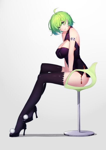 Anime picture 1748x2480 with original daye bie qia lian single tall image looking at viewer fringe highres breasts light erotic simple background large breasts sitting green eyes green hair light smile tattoo high heels sleeveless girl thighhighs