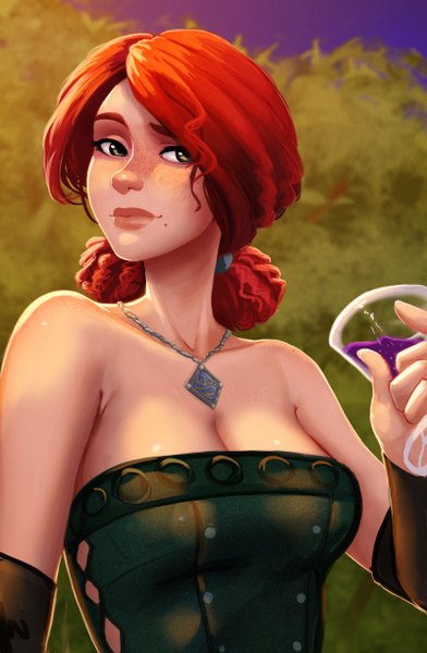 Anime picture 800x1224 with the witcher the witcher 3 wild hunt triss merigold carlos eduardo single tall image short hair breasts light erotic large breasts bare shoulders green eyes red hair lips mole mole under mouth girl choker cocktail glass