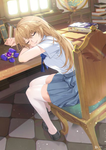 Anime picture 2000x2829 with genshin impact fischl (genshin impact) linreplica single long hair tall image fringe highres blonde hair smile hair between eyes sitting signed payot full body indoors eyes closed pleated skirt sunlight wide sleeves