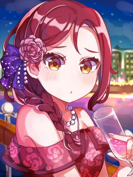 Anime picture 1200x1600 with love live! sunshine!! sunrise (studio) love live! sakurauchi riko otono 0609 single long hair tall image looking at viewer blush bare shoulders holding yellow eyes cloud (clouds) upper body outdoors red hair braid (braids) hair flower off shoulder