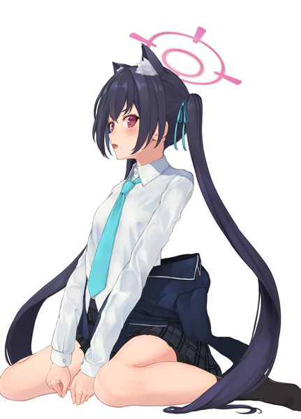 Anime picture 1237x1723 with blue archive serika (blue archive) piisu single long hair tall image open mouth black hair simple background red eyes white background sitting twintails animal ears cat ears wariza extra ears girl uniform ribbon (ribbons)