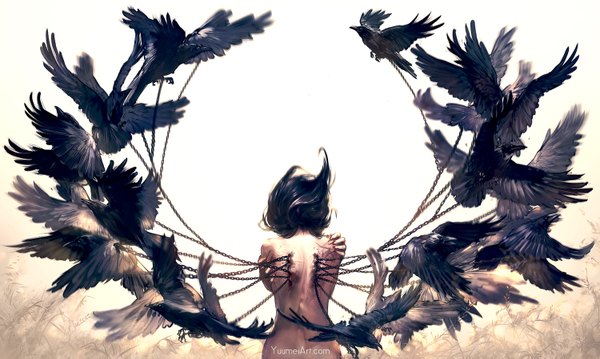 Anime picture 1500x899 with original yuumei single long hair light erotic black hair wide image standing bare shoulders signed upper body from behind bare back flying injury grabbing flock deep wound girl animal