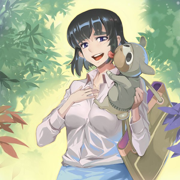 Anime picture 1000x1000 with kill la kill studio trigger kiryuuin satsuki guts (kill la kill) miyo (13th floor) single fringe short hair open mouth black hair purple eyes looking away eyebrows open collar girl plant (plants) animal tree (trees) bag dog