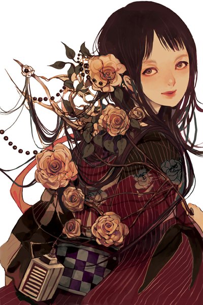 Anime picture 700x1050 with original nogaru (artist) single long hair tall image fringe simple background brown hair white background holding brown eyes traditional clothes japanese clothes looking back striped checkered girl flower (flowers) ribbon (ribbons) kimono
