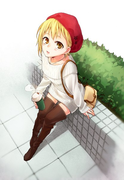 Anime picture 763x1100 with haikyuu!! production i.g hitoka yachi namo single tall image blush fringe short hair open mouth blonde hair sitting brown eyes full body outdoors from above alternate costume zettai ryouiki thighs looking up